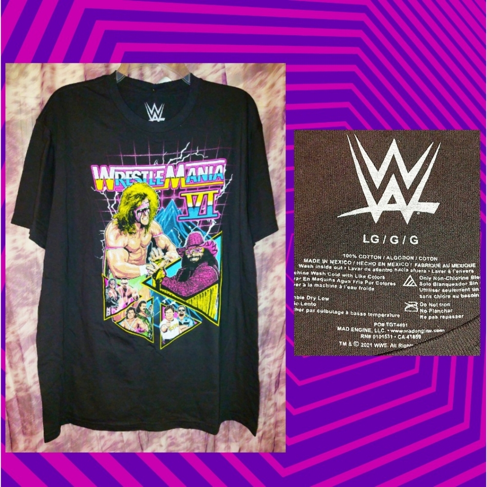 Mad Engine Black/Multiclr WWF Wrestlemania VI Graphic Print Knit T-shirt Sz Lrg